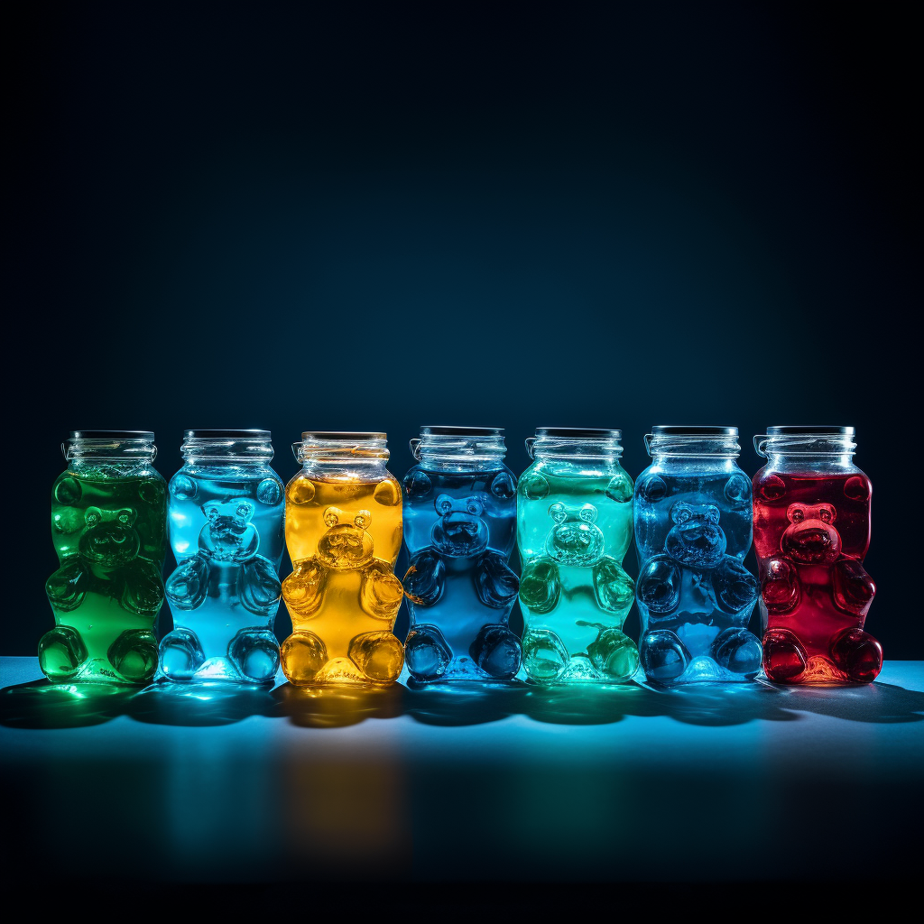 Colorful gummy bears in garage pouring soda