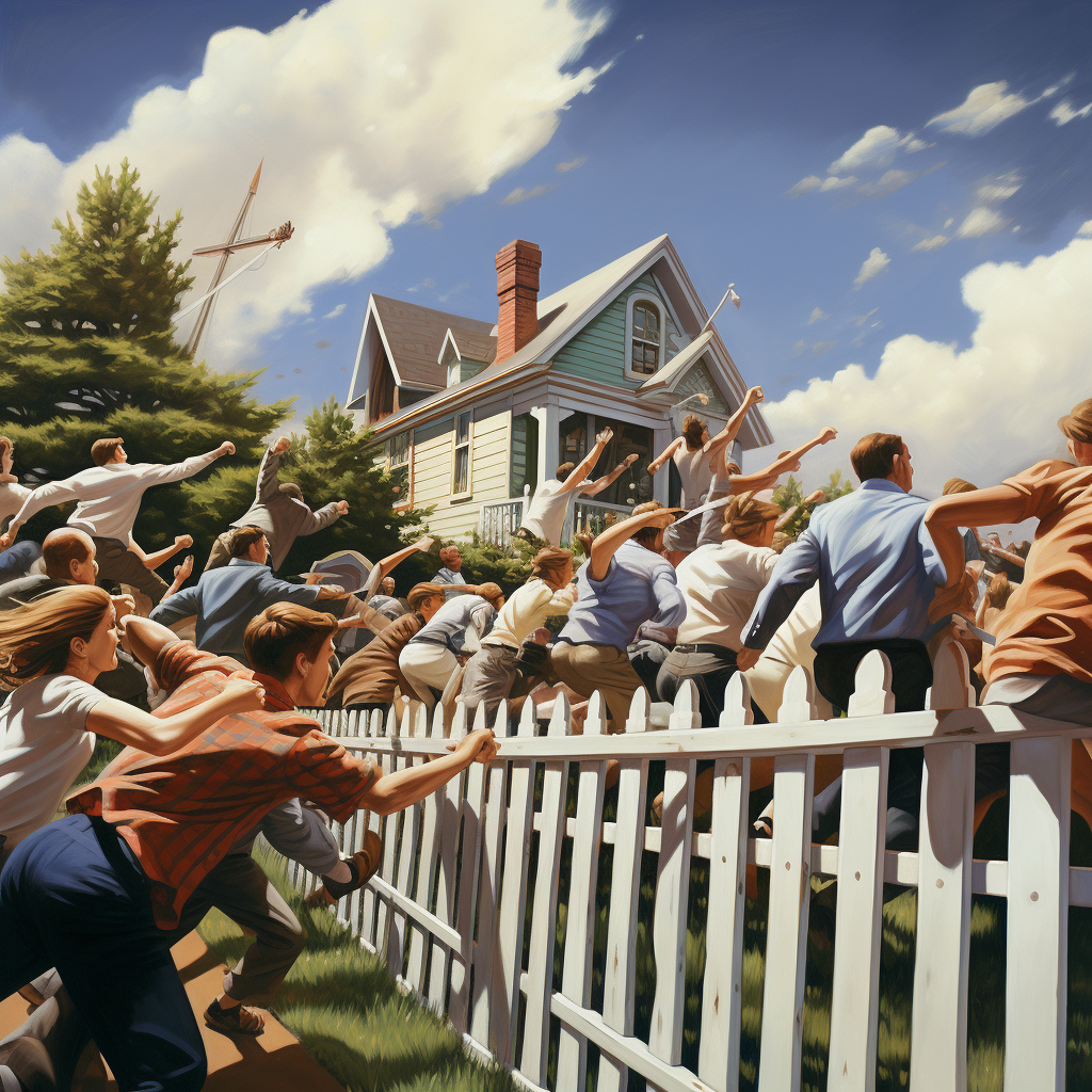 People with guns rushing towards picket fence