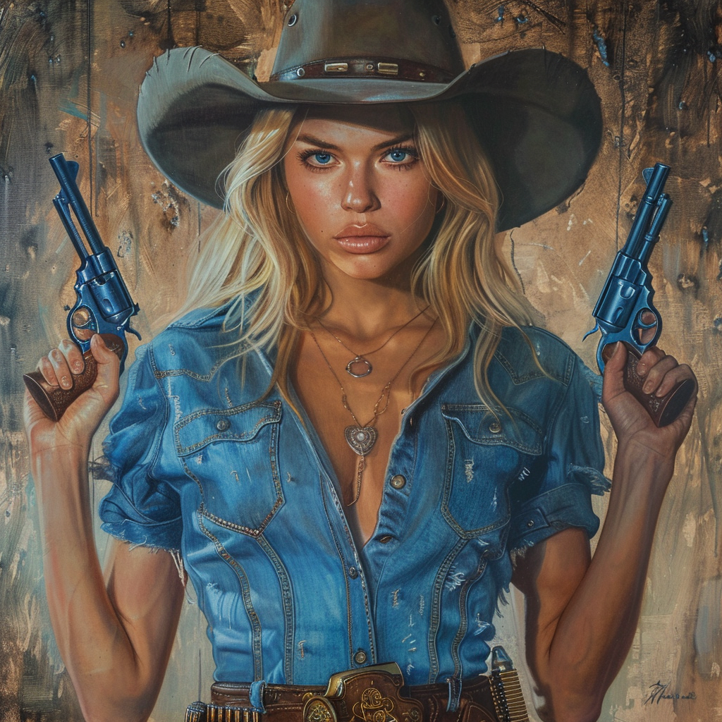 Gunslinging cowgirl with denim dress