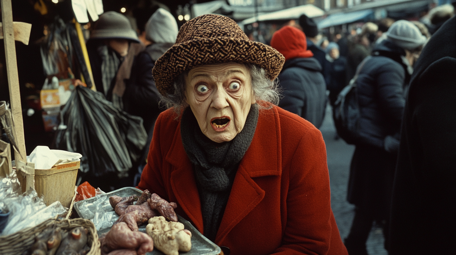 Older woman wearing ugly hat gurning