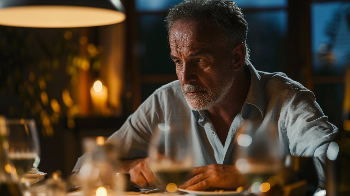 Man in His 50s Talking at Dining Table