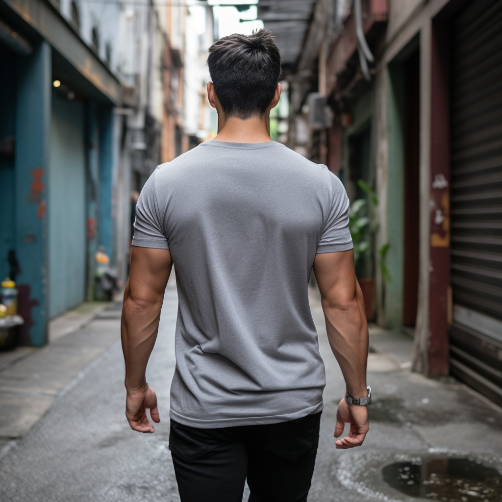 Stylish guy walking out of alley in mid grey shirt