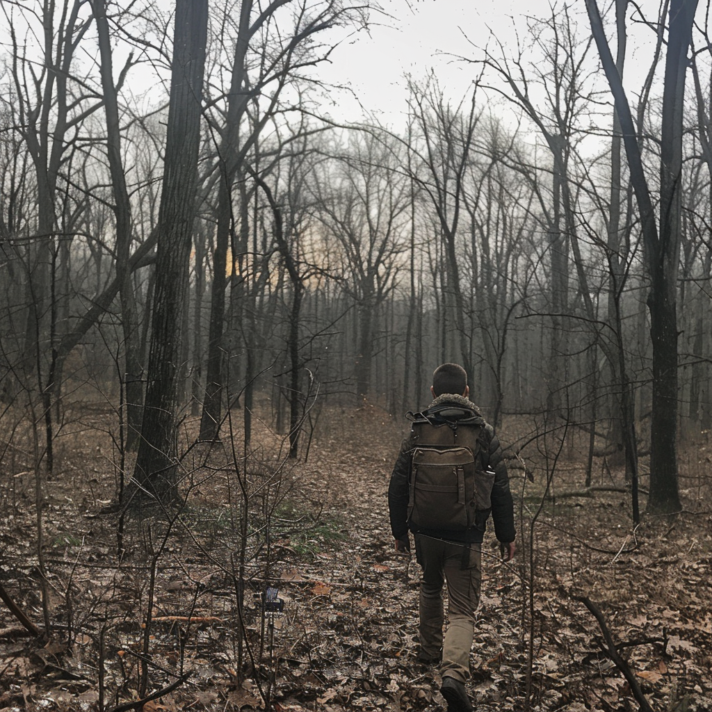 man walking in wooded area