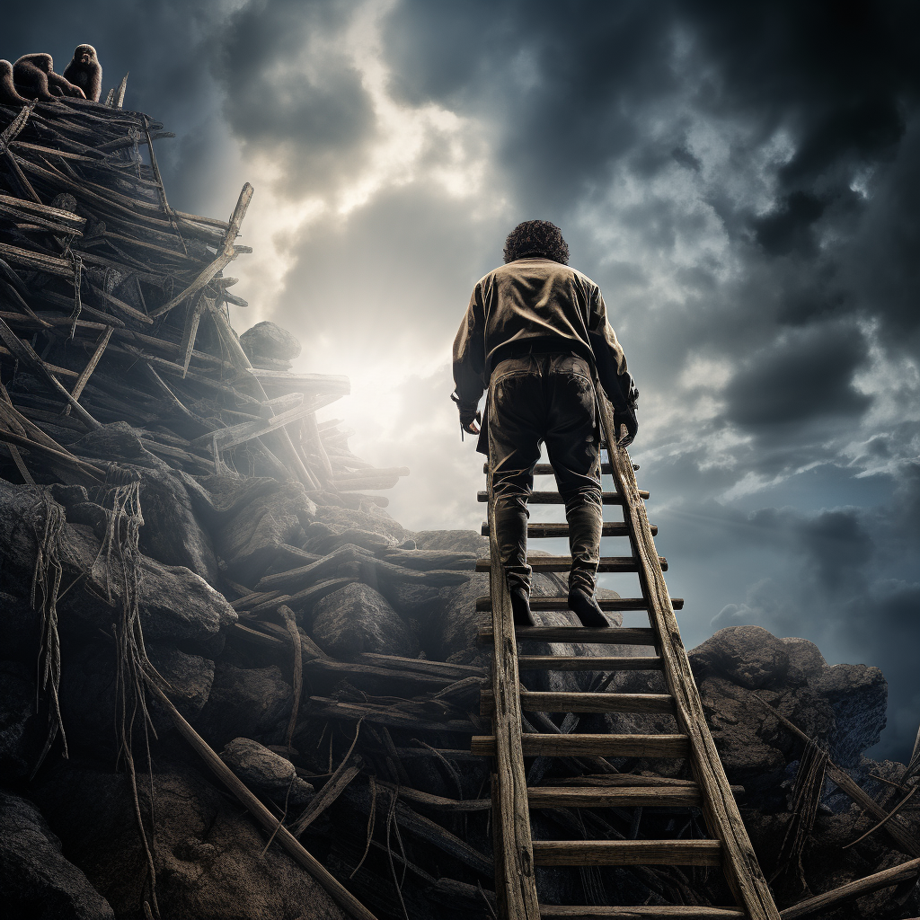 Man climbing monkey ladder from behind