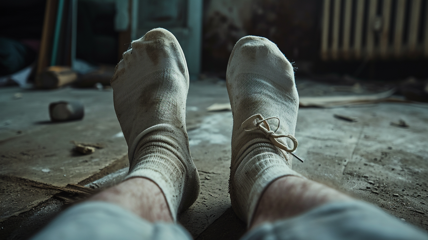 Close up of guy's feet in white worn socks