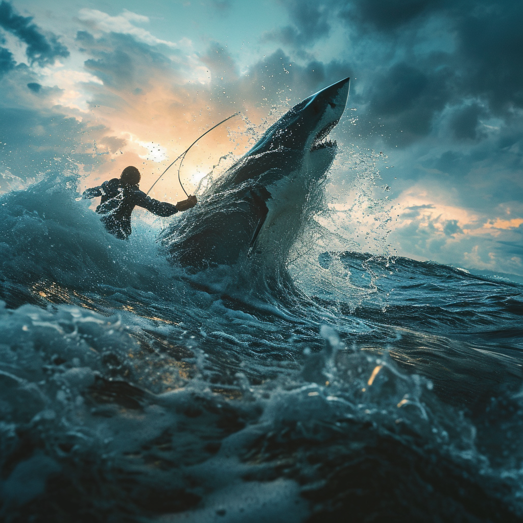 Guy holding onto great white shark fin