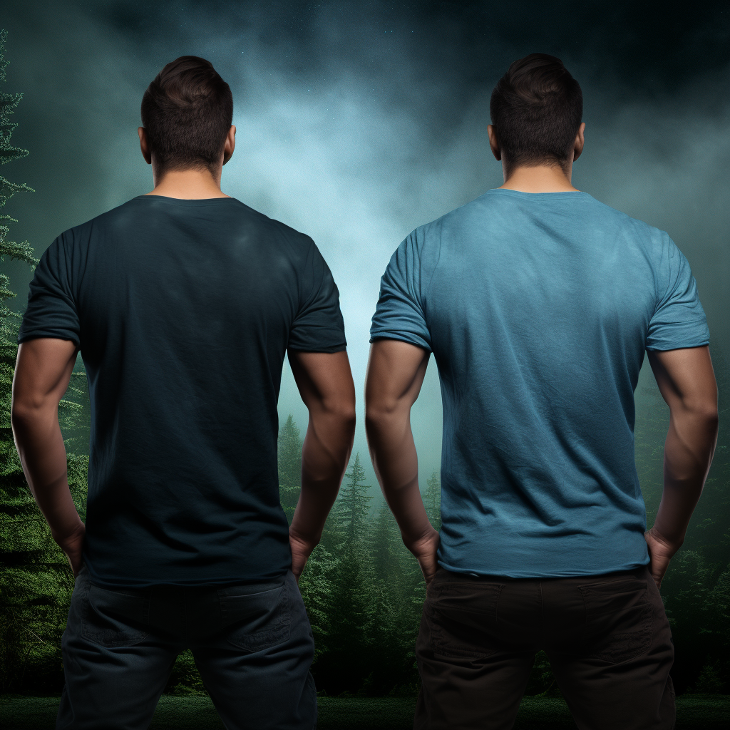 Handsome guy in blue t-shirt, front and back view