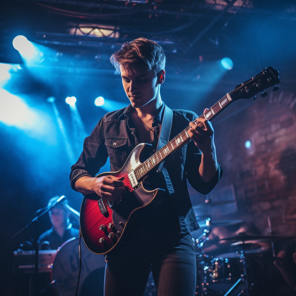 Talented rockstar playing electric guitar on stage