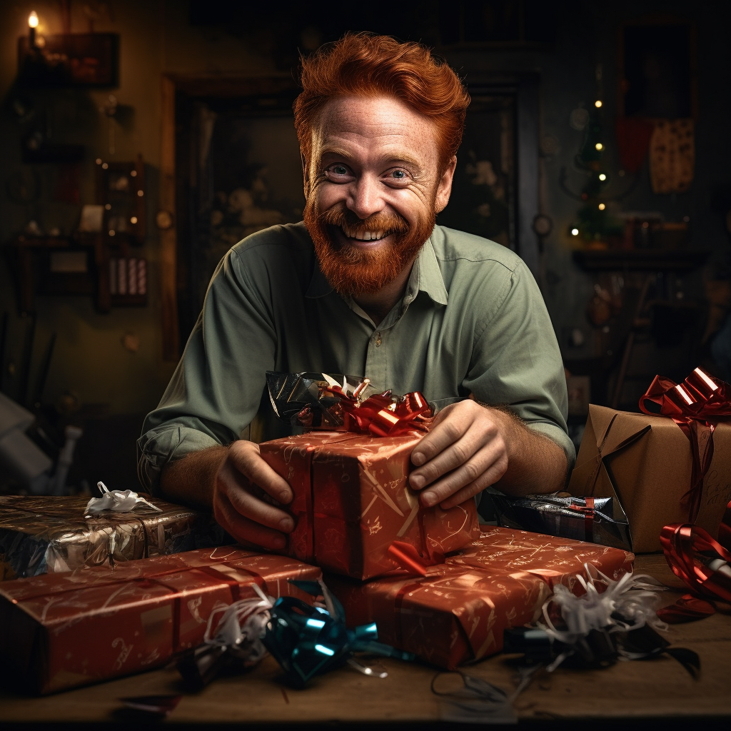 Redhead guy quickly wrapping New Year presents