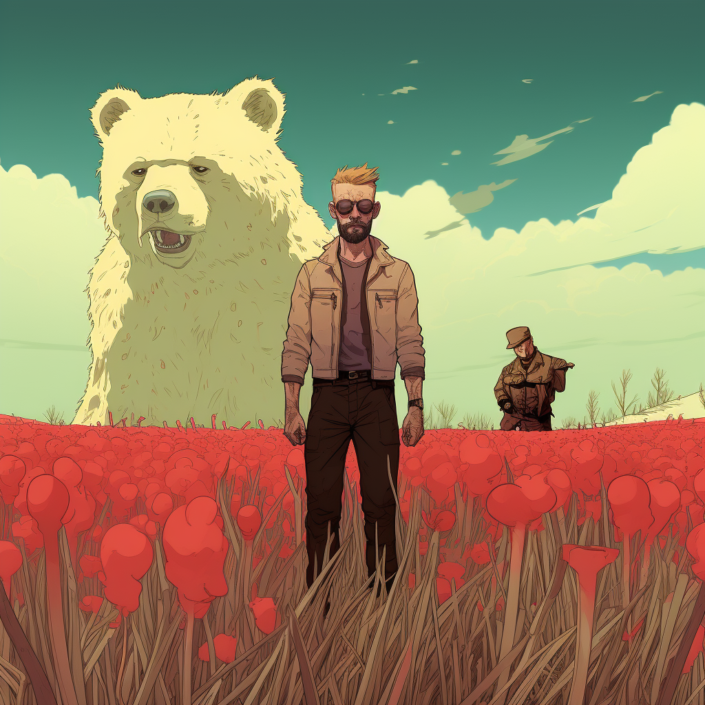 Man standing in field with bear in Jamie Hewlett style