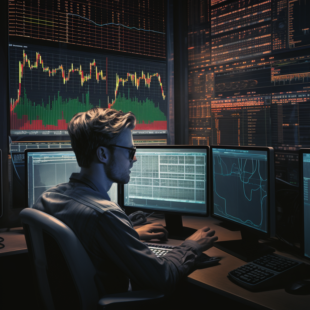 Guy trading stock market on multiple monitors