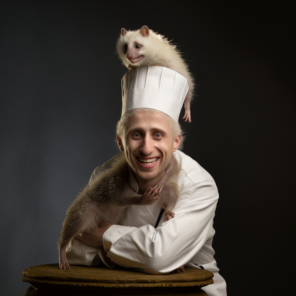 Guy with chefs hat riding opposum