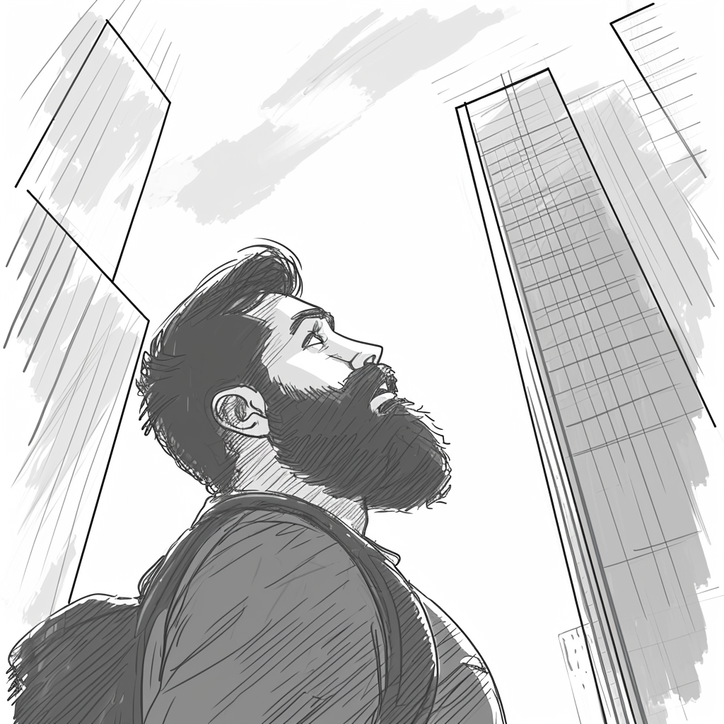 Cartoon guy looking at skyscraper