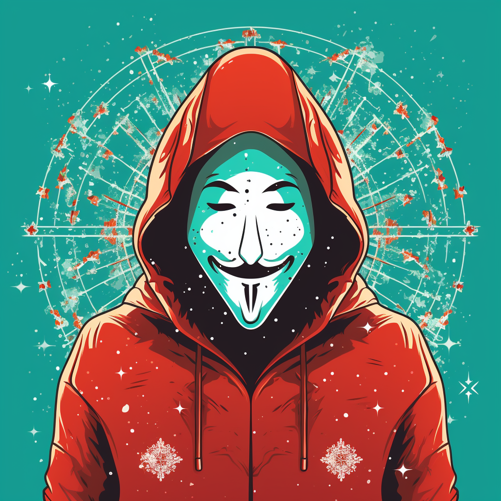 Cartoon depiction of Guy Fawkes in red hood and anonymous mask