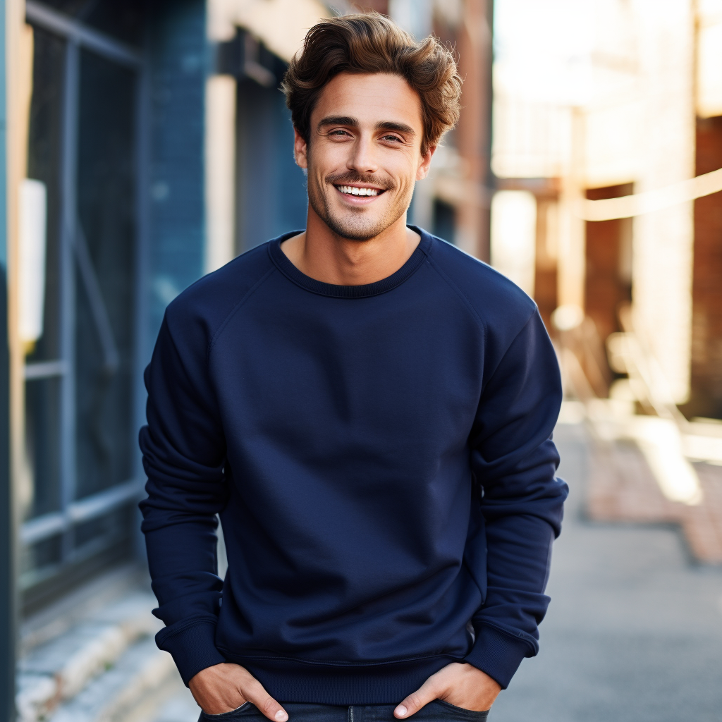 Stylish guy model with navy blue sweatshirt smiling