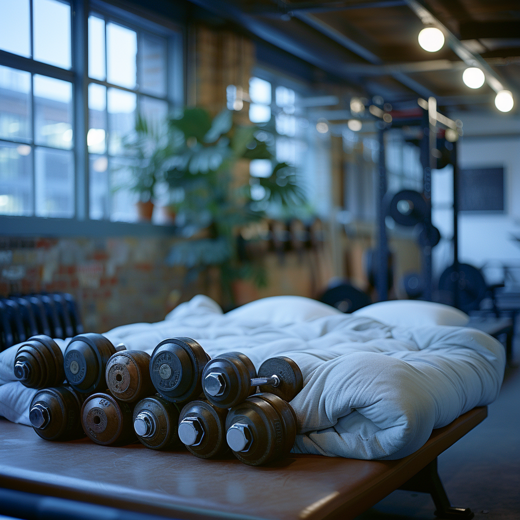 Gym bed with dumbbells and barbells