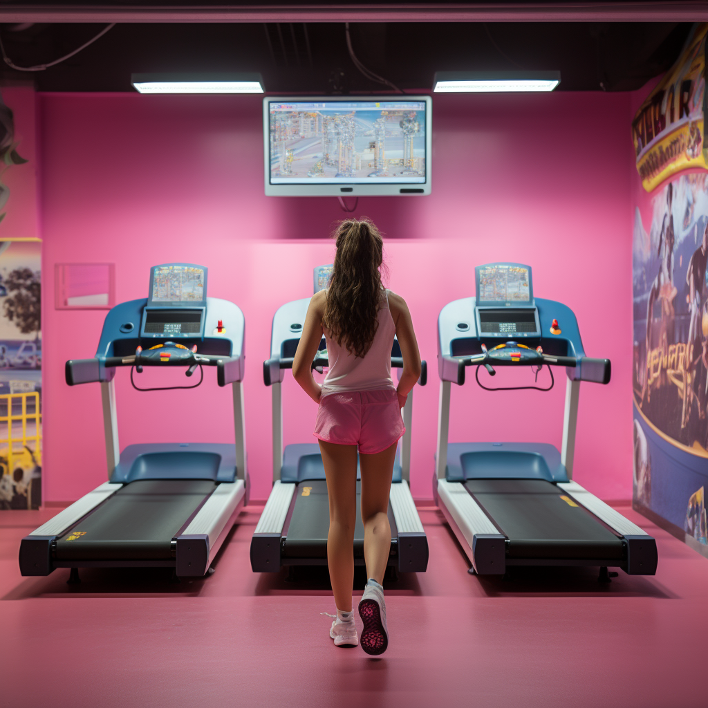 Young teenager exercising in gym with women on treadmills