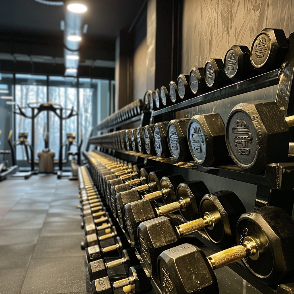 Shiny golden dumbbell rack