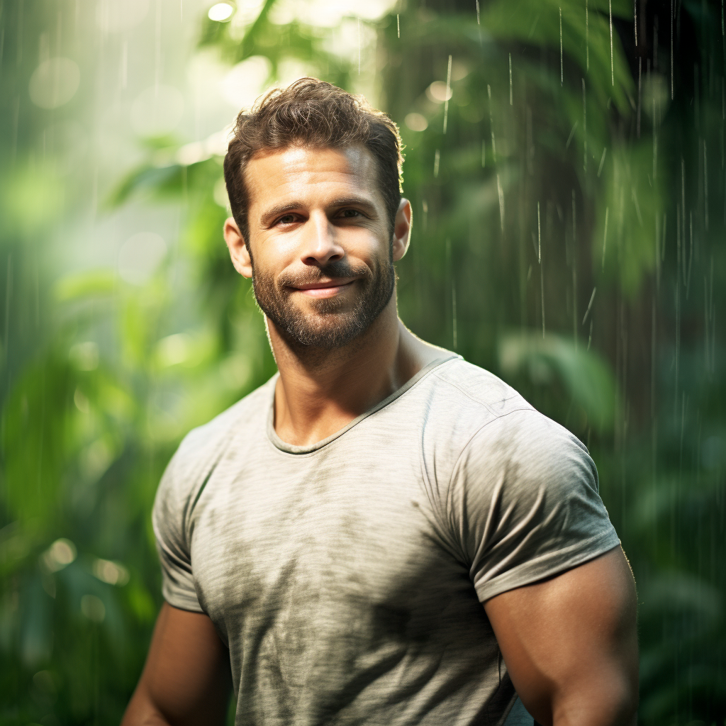 Strong man with gym body in natural setting