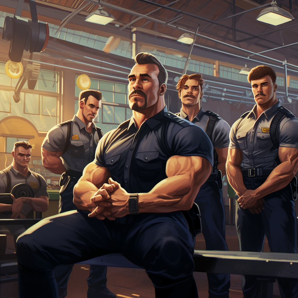 Police officers bench pressing at the gym