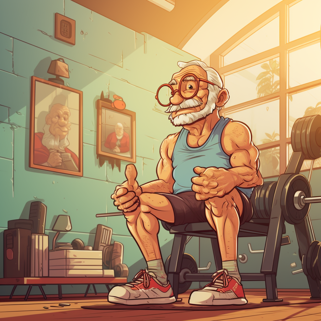 Elderly man exercising in a vintage gym cartoon