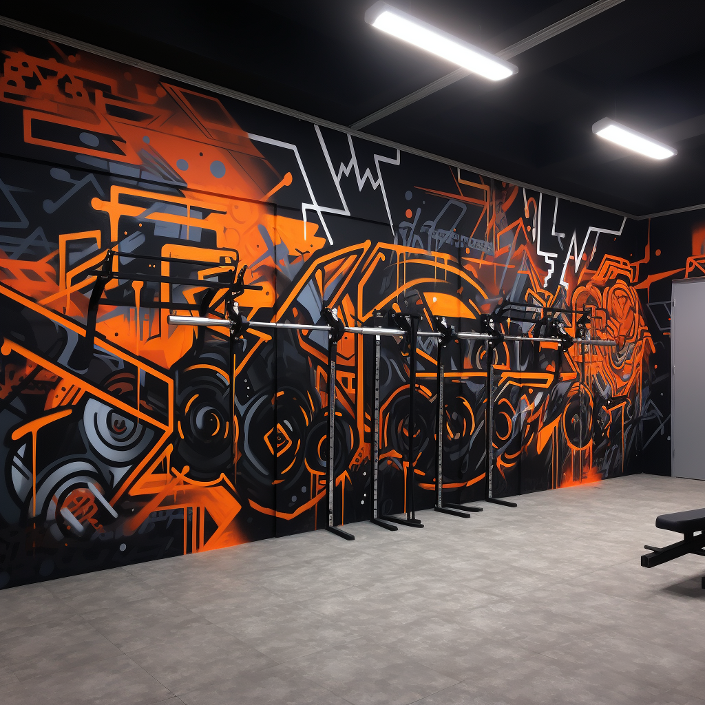 Gym wall with crossfit and weightlifting graffiti