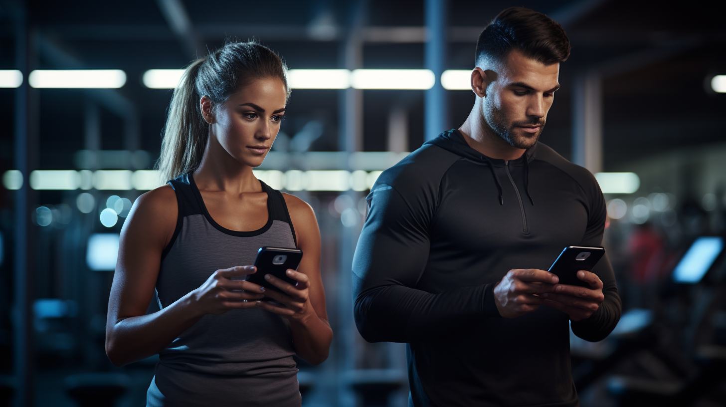 Athletes training at the gym with smartphones