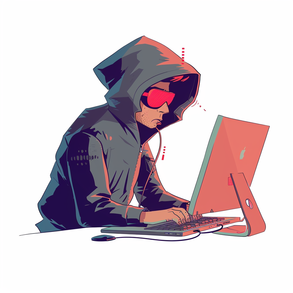 Cartoon hacker in Mac computer