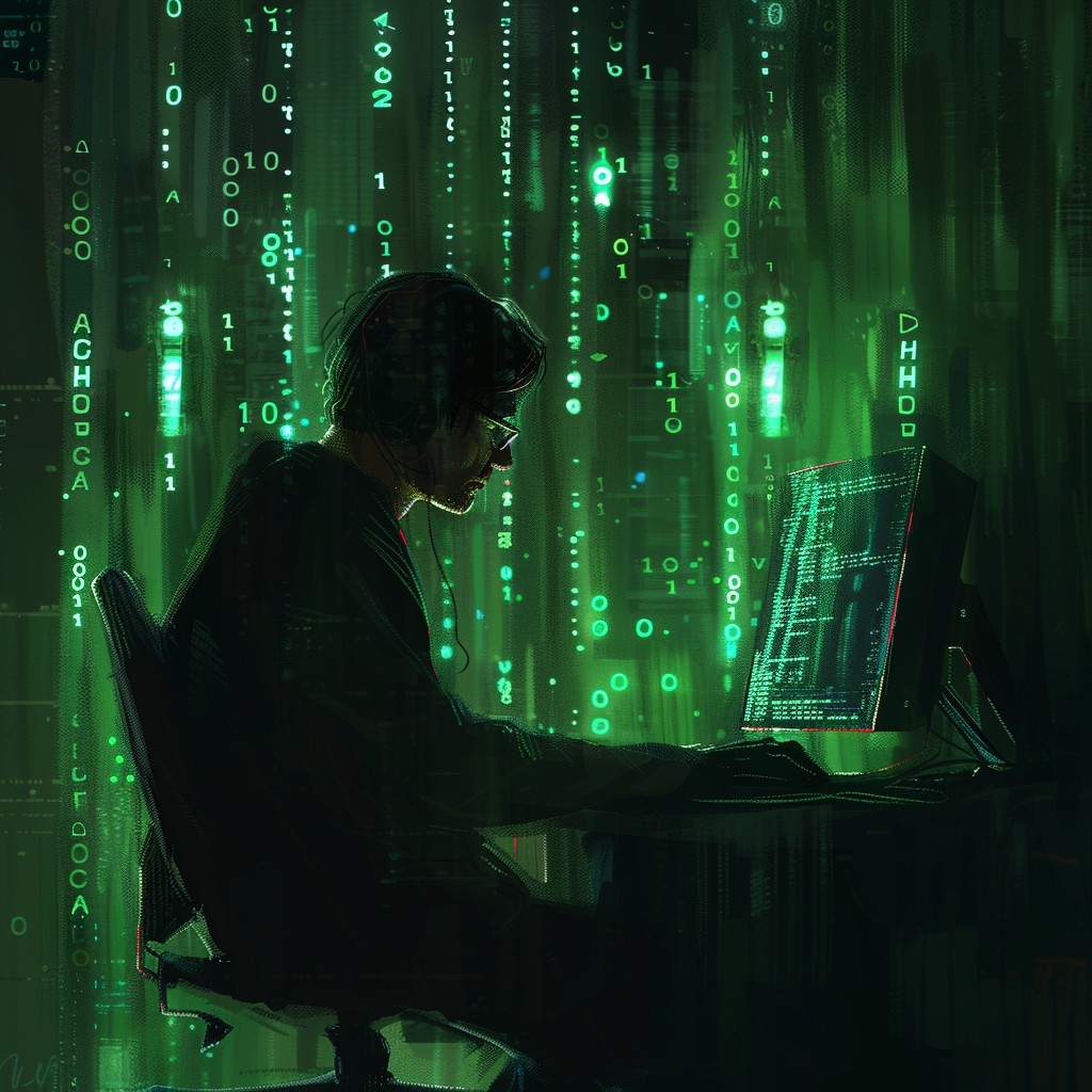 Hacker Working Computer Darknet Matrix