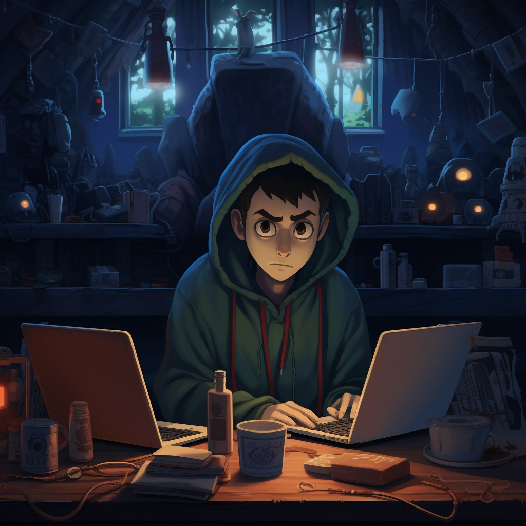 Hacker with Two Laptops - Ghibli Style