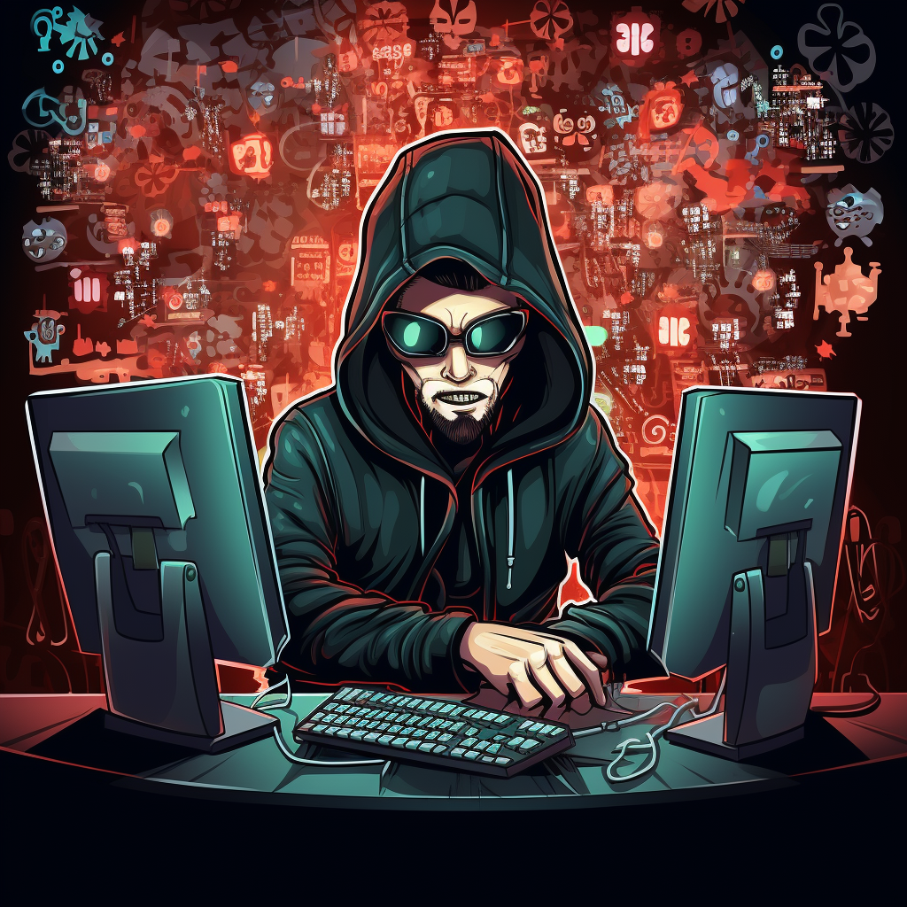 Cartoon illustration of a hacker using a computer