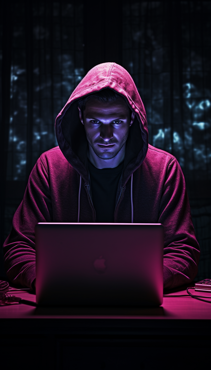 Hacker sitting at laptop with fuchsia light