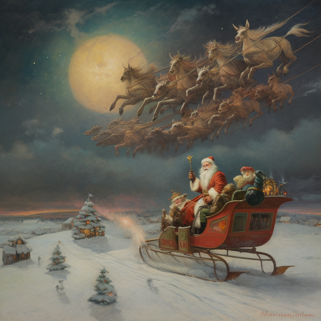 Santa Claus flying in sleigh