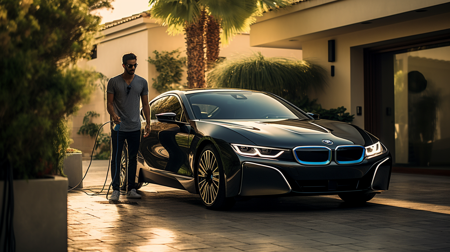 Hades plugging in his electric car in Palm Springs