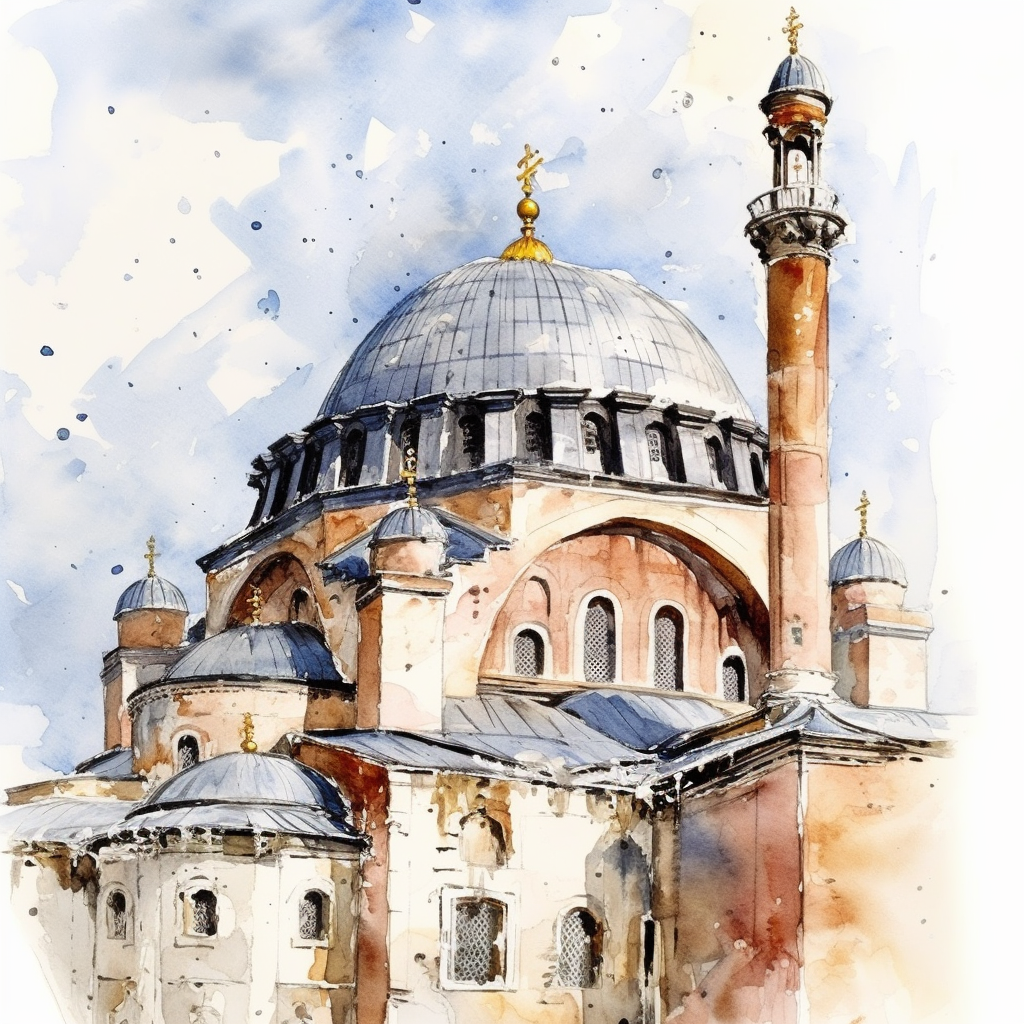 Watercolor painting of Hagia Sofia Church with dome and cross