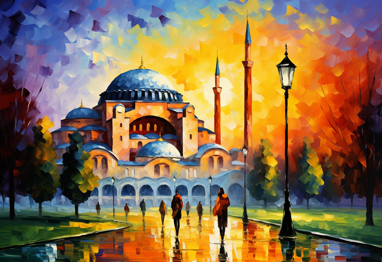 Worshippers in front of colorful Hagia Sophia Mosque