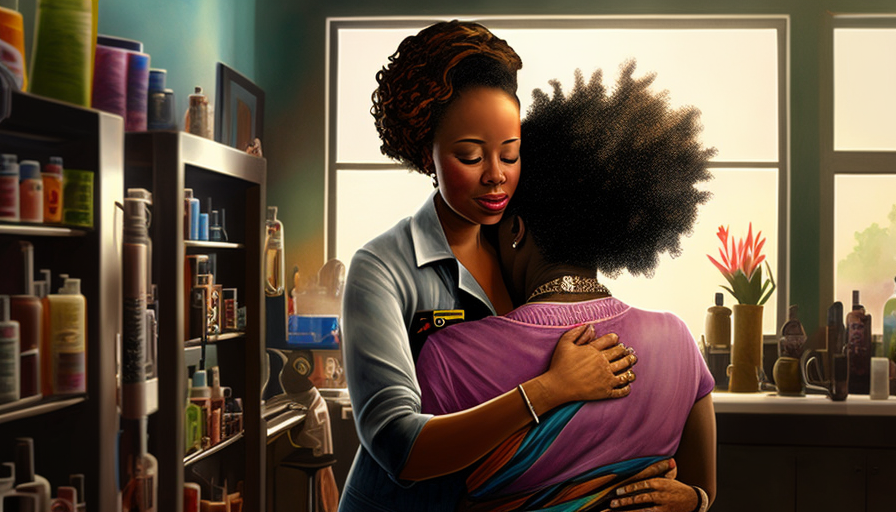 African American stylist hugging woman in vibrant hair salon