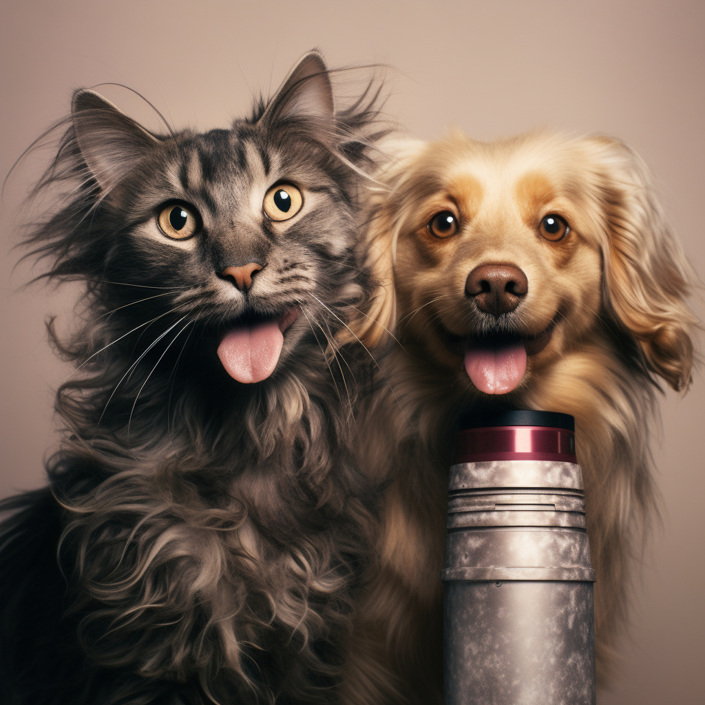 Cute hairy cat and dog posing with a lint roller