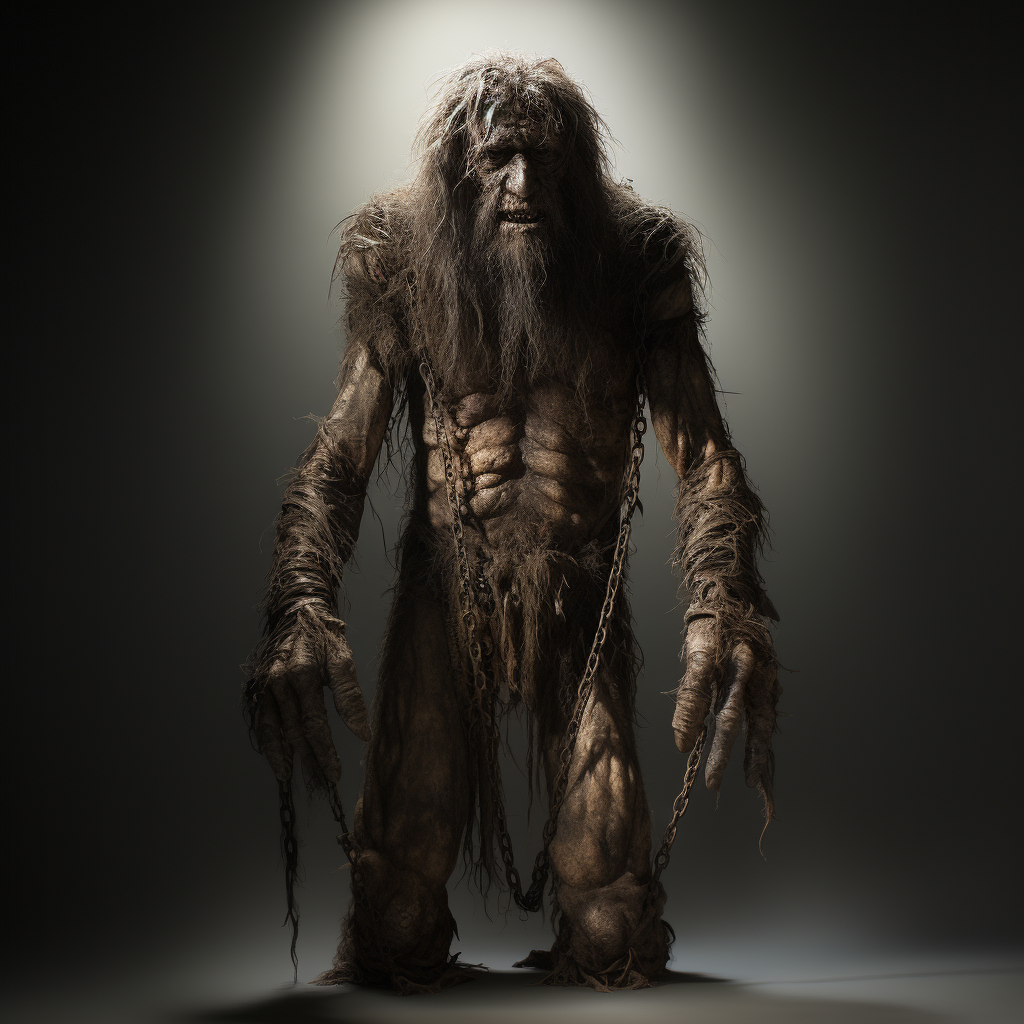 Realistic image of a hairy tall creature with chains on its wrists