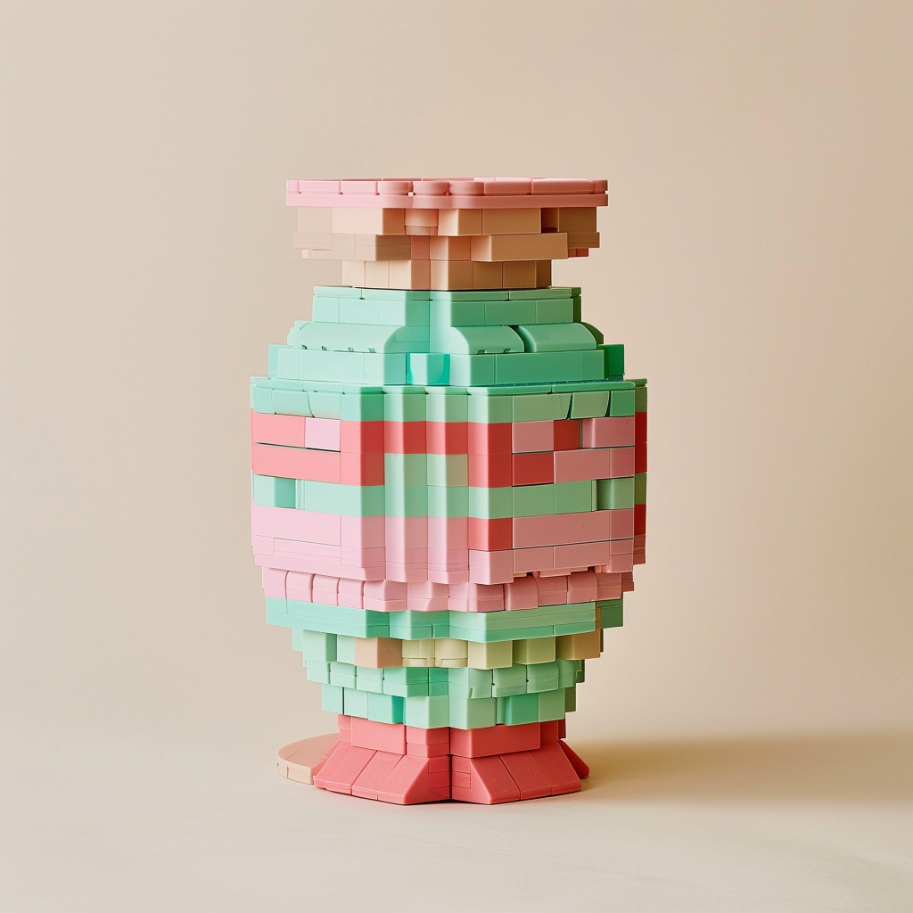 Half-built pink mint green Lego vase