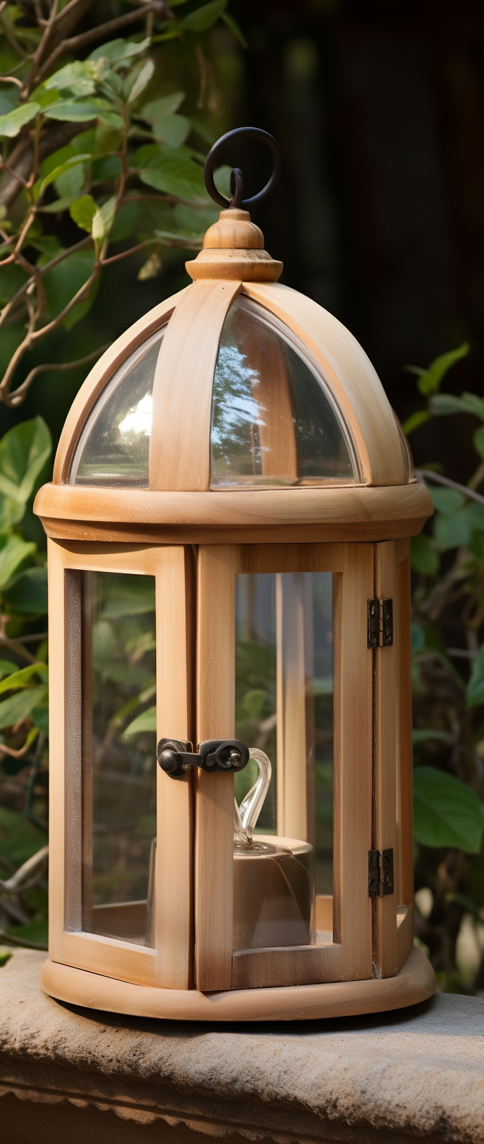 Unfinished wooden lantern with glass window