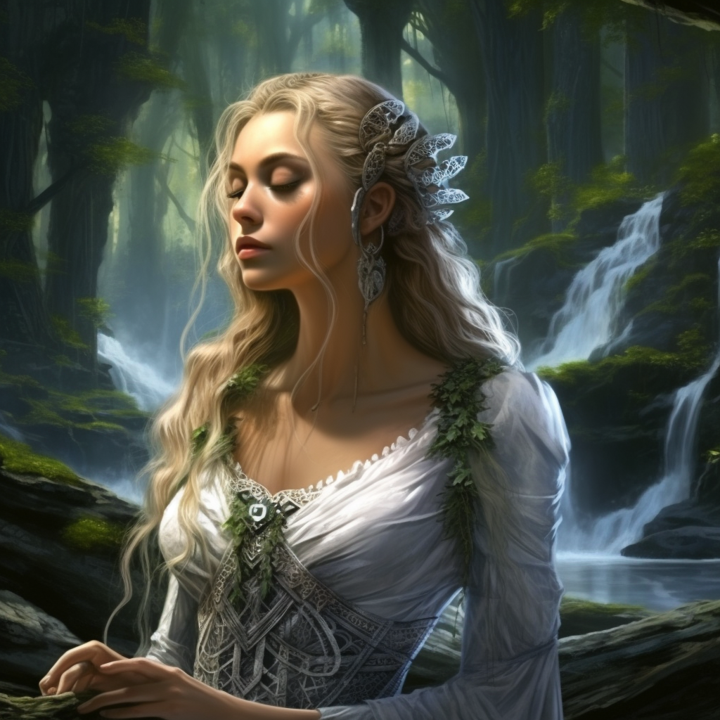 Beautiful half-elven woman in forest hot spring