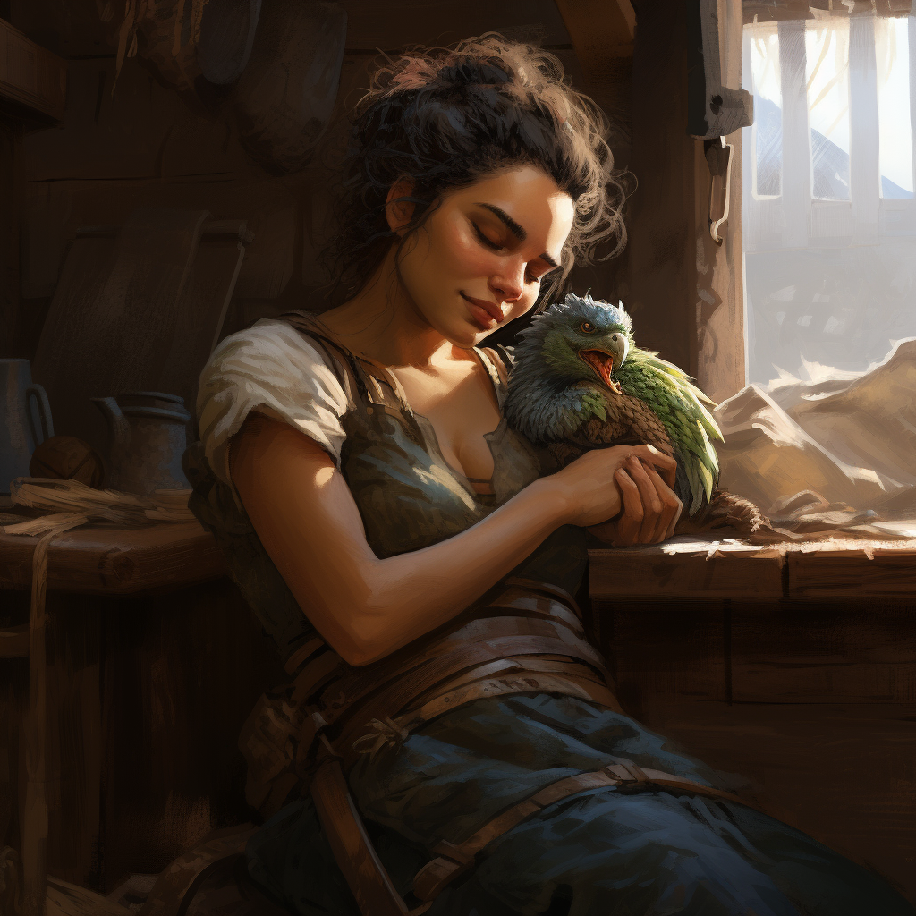 Image of a Half-Orc Woman with a Baby Dragon