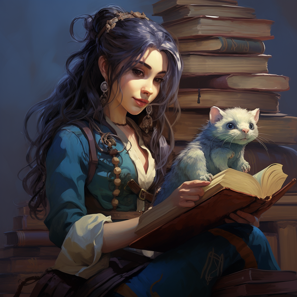 Halfling librarian with blue hair and ferret