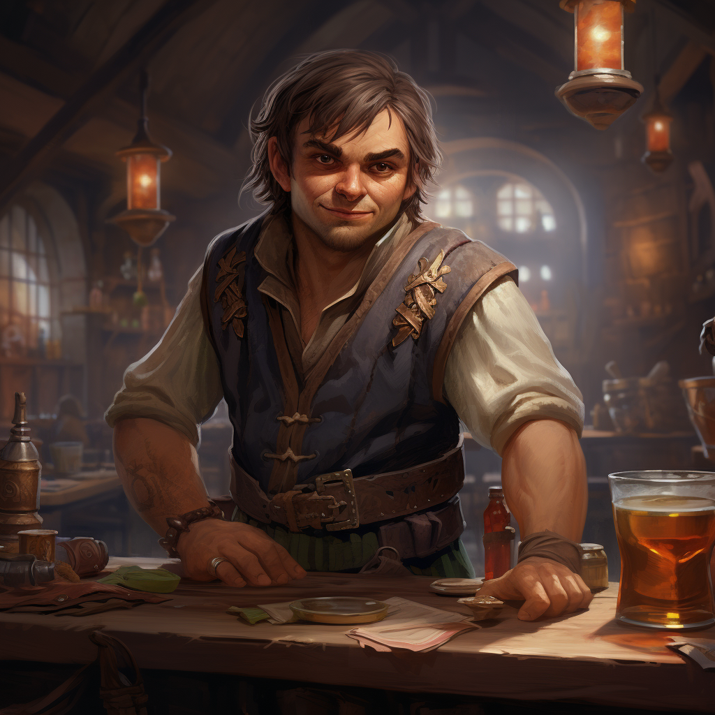 Halfling male bartender in a fantasy bar