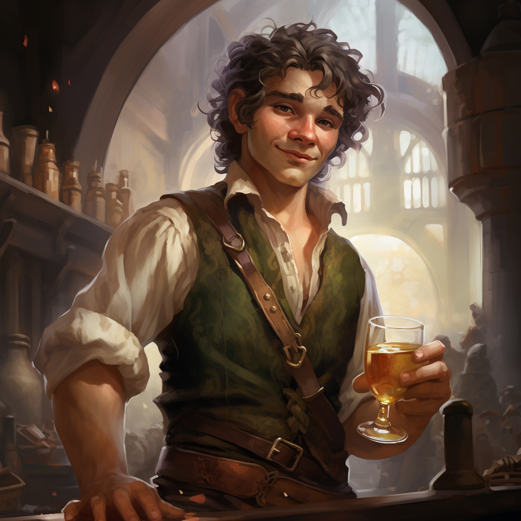 Halfling male hobbit bartender serving drinks