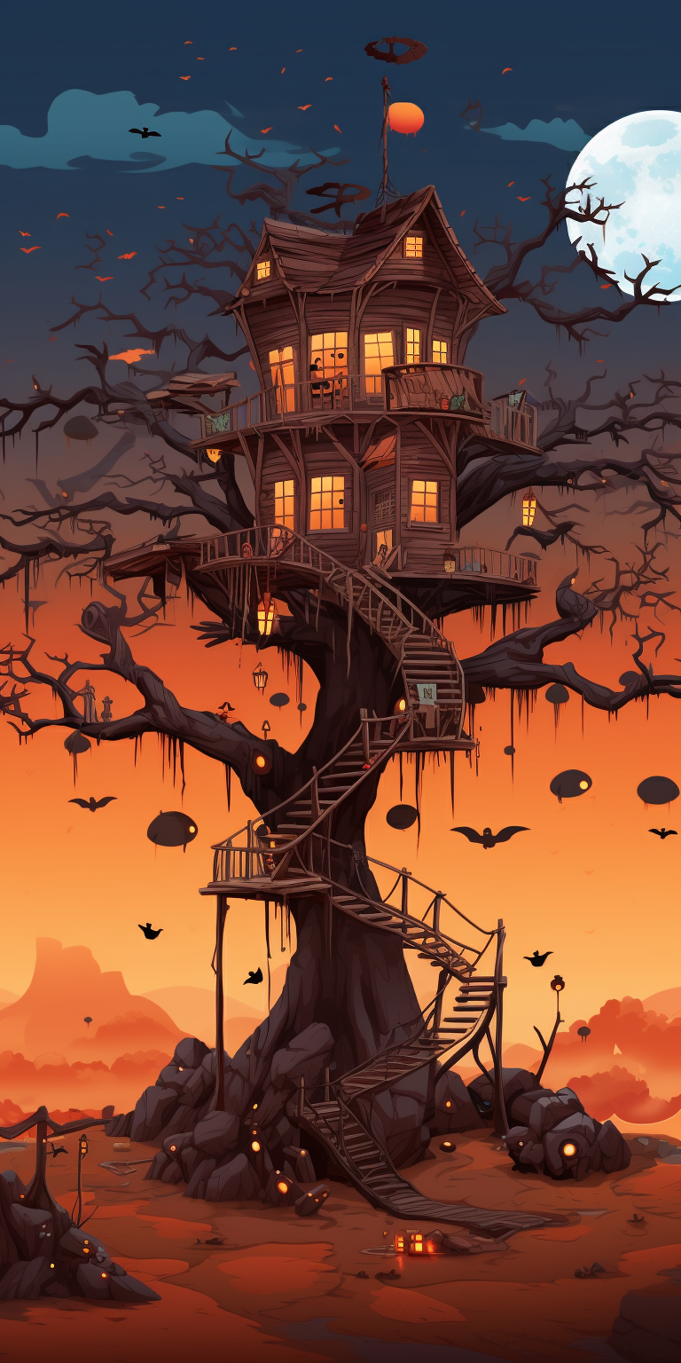 Halloween anime treehouse in desert