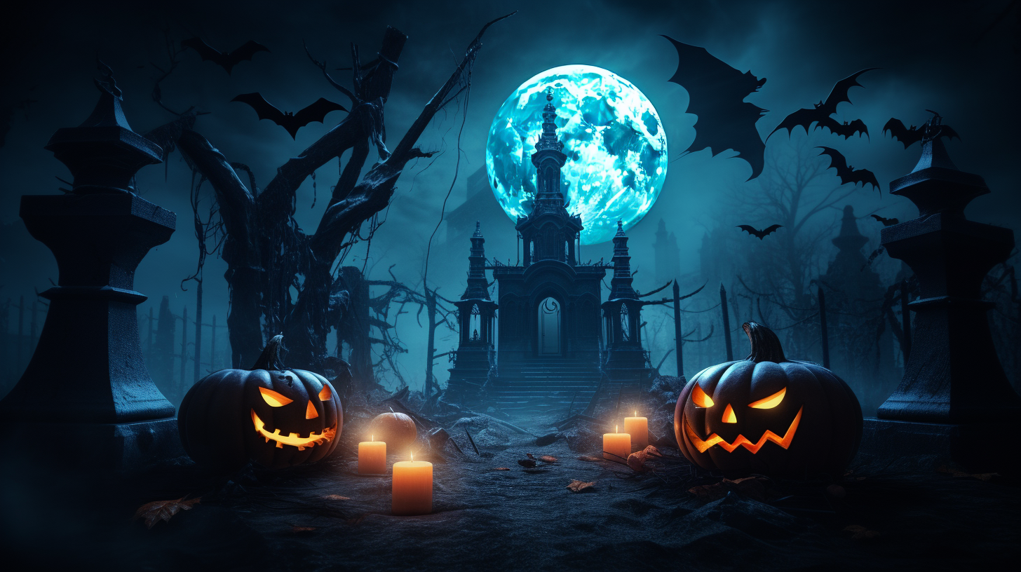 Halloween banner with bats, moon, haunted mansion and pumpkin