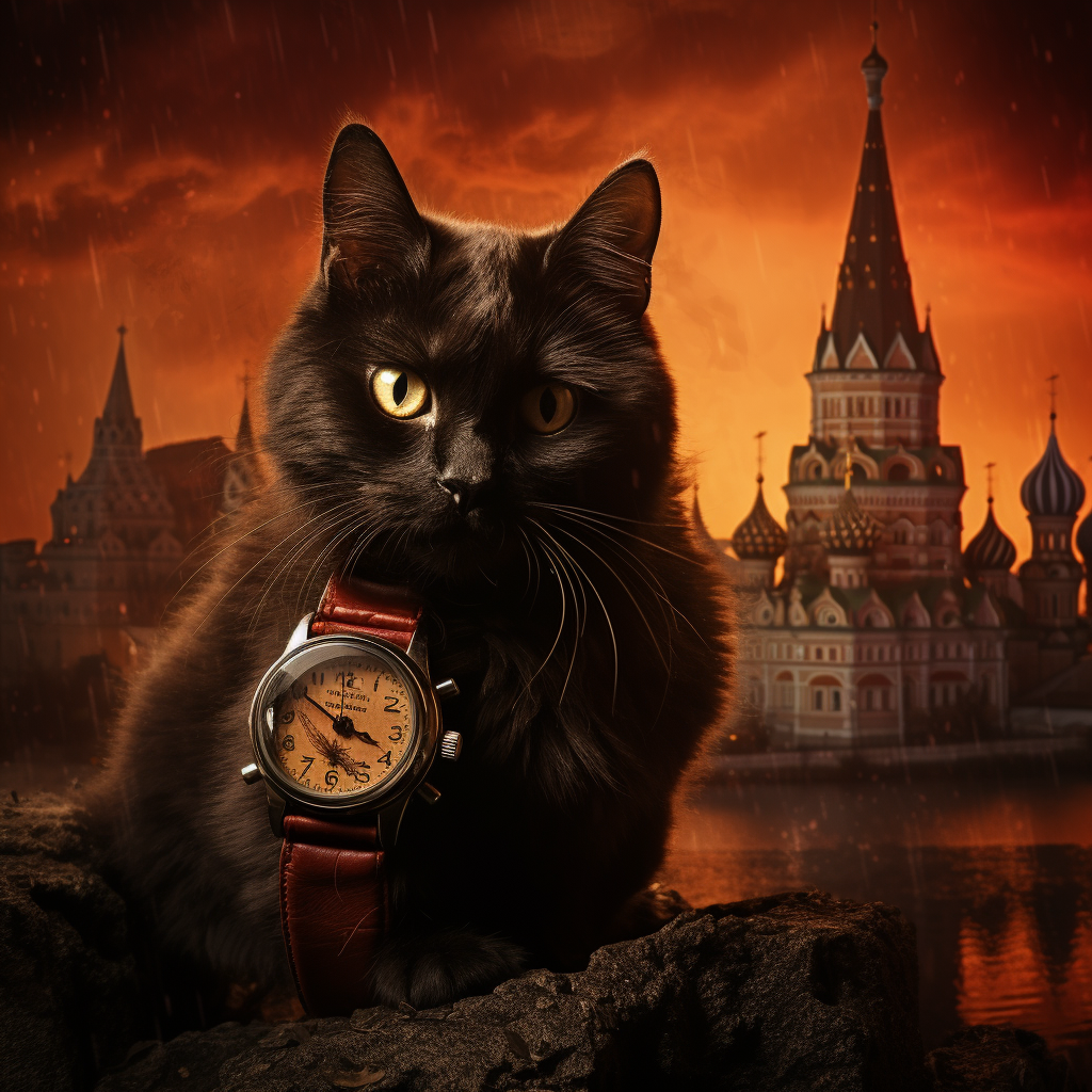 Halloween black cat watching Kremlin on fire