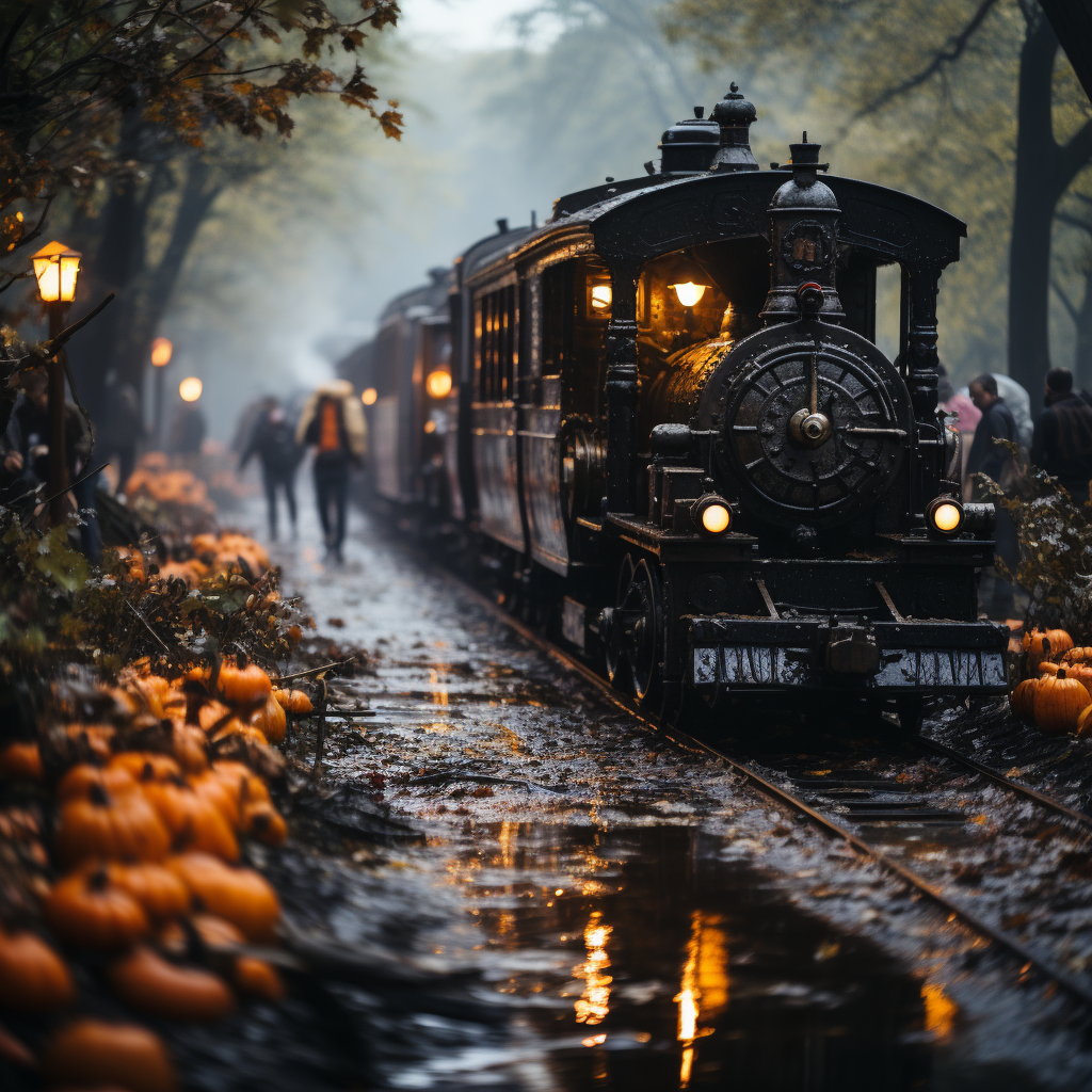 vibrant Halloween countryside train with decorations